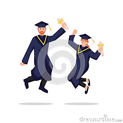 Father giving son ride on back wearing red capeGuy and girl university graduates joyfully bounce. Vector illustration Vector Illustration
