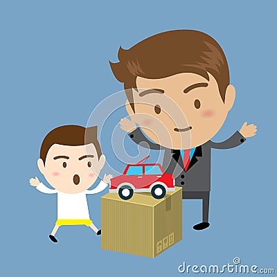 Father giving toy car to his son Vector Illustration