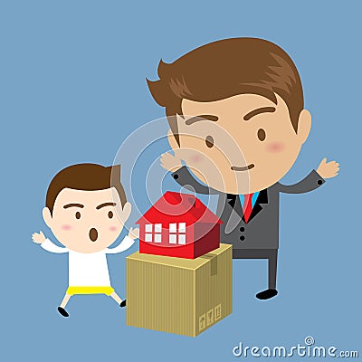 Father giving toy home to his son Vector Illustration