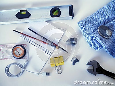 Father going on a trip - a compass and objects on a white background Stock Photo