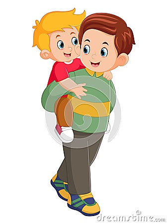 a father is happily playing and carrying his son on his back Vector Illustration