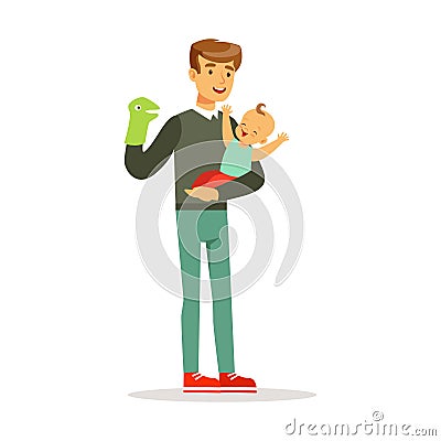 Father and his adorable baby having fun with puppet toy colorful vector Illustration Vector Illustration