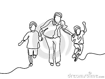 Father and his children continuous one line drawing Vector Illustration