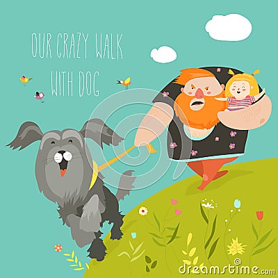 Father with his daughter walking with their crazy dog Vector Illustration