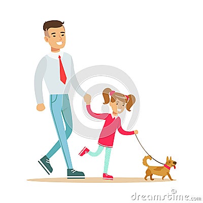 Father with his daughter walking with their small dog. Colorful cartoon character Illustration Vector Illustration