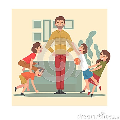 Father and His Mischievous Children, Happy Kids Having Fun at Home, Naughty, Rowdy Children, Bad Child Behavior Vector Vector Illustration