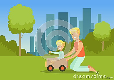 Father and his son playing with toy car in city park outside, family leisure vector illustration Vector Illustration