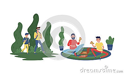 Father and His Teenage Son Spending Good Time Together Set, Father and Son Having Picnic and Hiking with Backpacks Vector Illustration