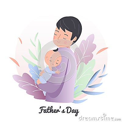 Father hold little sleeping child. Dad with baby. Man nurse toddler. Fathers day concept illustration. Parenting character Vector Illustration