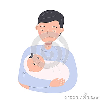 Father hold little sleeping child. Dad with baby. Man nurse toddler. Parenting character Vector Illustration