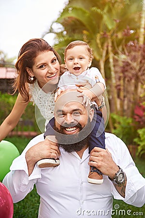 Father hold son on shoulder Stock Photo