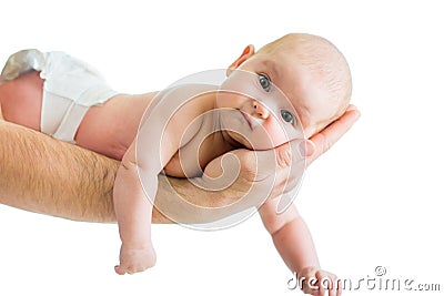 Father holding baby in his hand isolated Stock Photo