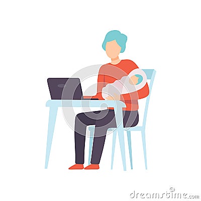 Father Holding Newborn Baby on His Hands and Working on Laptop Computer, Parent Taking Care of His Child Vector Vector Illustration