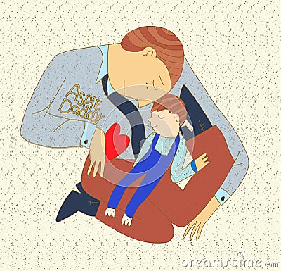 Father holds a child on his hands. against the background of puzzles, symbols of autism. illustration Cartoon Illustration