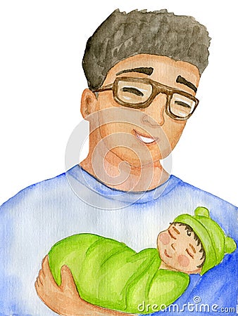 Father holds little son in his arms. Cute watercolor hand drawn illustration for a holidays poster, greeting card or banner. Cartoon Illustration