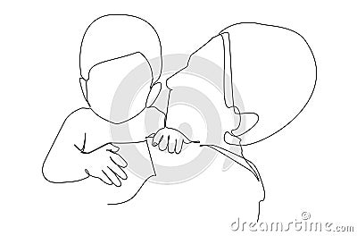 A father holds a child. Continuous line drawing Vector Illustration