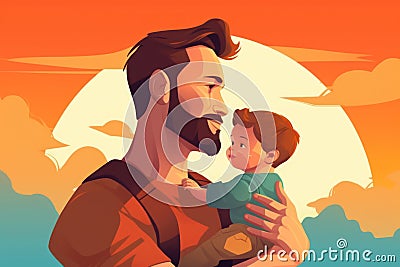 Father holds the son close to his chest. Happy Father's Day illustration Cartoon Illustration