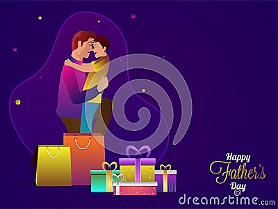 Father hugging his son, and many gift boxes on shiny purple back Stock Photo