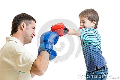 Father and kid son play boxing Stock Photo