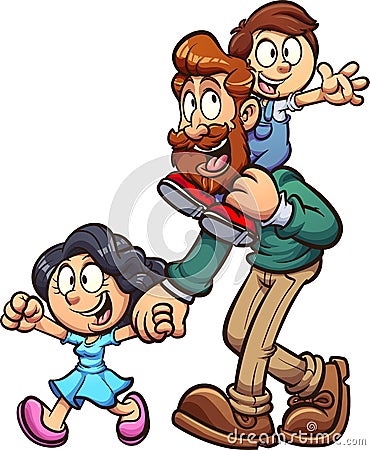 Cartoon father walking with son and daughter Vector Illustration