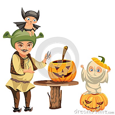 Father with kids carving Hallows pumpkin poster Vector Illustration