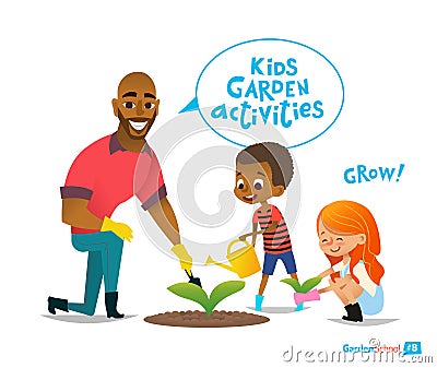 Father and kids engaged gardening in the backyard. Girl boy planting flowers in the garden. Eco concept. Montessori education Vector Illustration