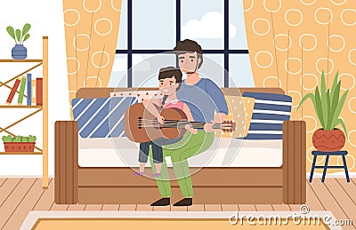 Father kids time. Happy dad teaches cute little daughter play music on guitar, parent and child in room interior on sofa Vector Illustration