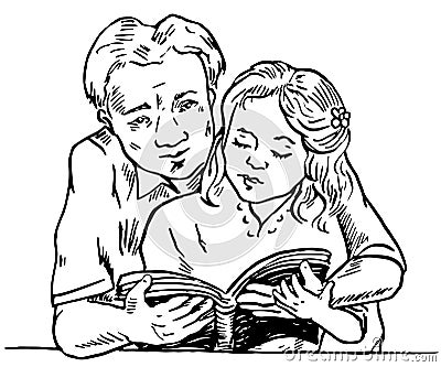 Father learning daughter to read, holding book together Vector Illustration