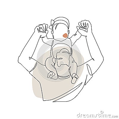 Father little kid line drawing. Abstract family continuous line art. Young dad holding his daughter Vector Illustration