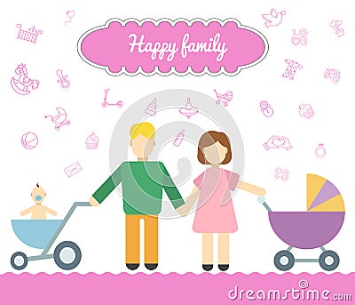 Father and mom with baby in stroller. Young father Vector Illustration