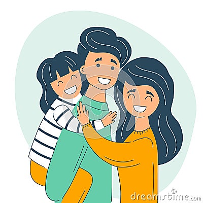 Father mother and daughter together. Man hold his small child on back. Happy family childhood. Vector Illustration