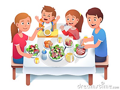 Father, mother, kids having family dinner or lunch Vector Illustration