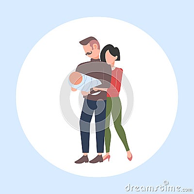 Father mother and newborn baby having fun together happy family parenthood concept man holding newborn child flat full Vector Illustration