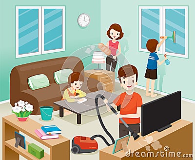 Father, Mother, Son And Daughter Cleaning Home Together Vector Illustration