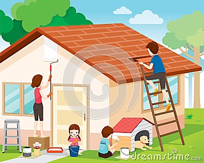 Father, Mother, Son And Daughter Repairing Home Exterior Vector Illustration