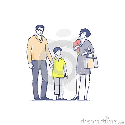 Father and mother standing with children Cartoon Illustration