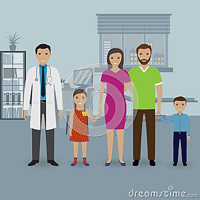 Father and mother with two kids visit doctor`s office. Family healthcare concept. Vector Illustration