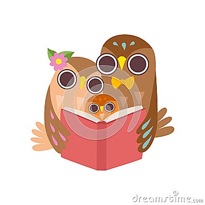 Father Owl Reading Book to His Owlet, Happy Family of Owls, Cute Cartoon Birds Characters Vector Illustration Vector Illustration