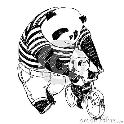Father panda in black and white t-shirt is teaching cycling by b Cartoon Illustration