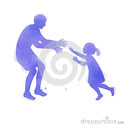 Father playing with his daughter silhouette plus abstract watercolor painted. Happy father`s day. Sport and recreation. Digital Vector Illustration