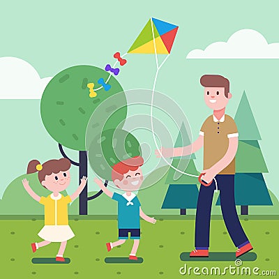 Father playing with kids and flying kite outdoors Vector Illustration