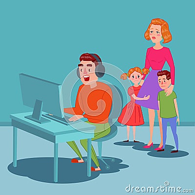 Father Playing on Video Games. Computer Addicted Dad. Man Gamer. Family Problems Parenting Issues Concept Vector Illustration