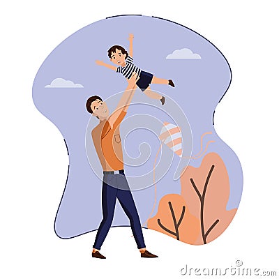 Father plays with son, throws him up. Against the background of sky, trees and flying snake. Concept of fatherhood, care Vector Illustration