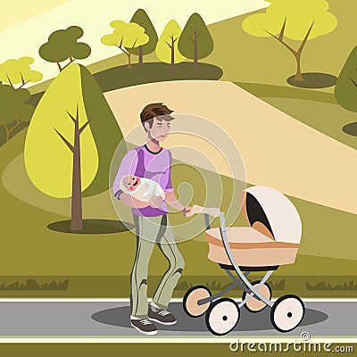Father pushing a stroller in the park Vector Illustration