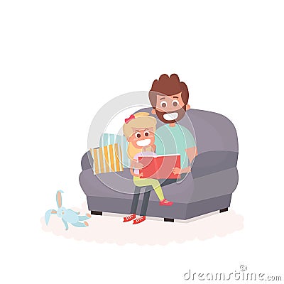 Father read a storybook to his daughter on a couch. Dad with kid on a couch together. Cute illustration of parenthood Vector Illustration