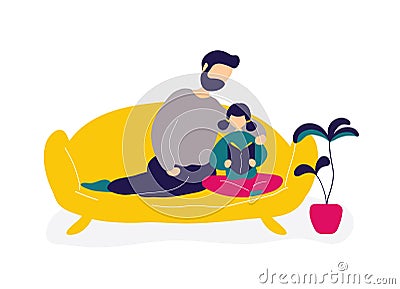Father reading book with daughter on sofa Vector Illustration