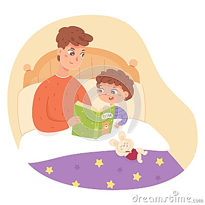 Father reading book to son in bed at home. Happy clever child learning activity vector illustration. Man spending time Vector Illustration