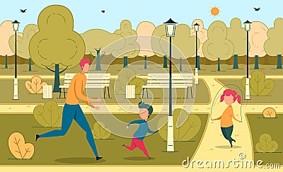 Father Rest with Children in Urban Green Park Vector Illustration