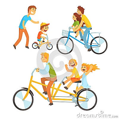 Father riding his children on a bicycle, set for label design. Father teaching his son to ride a bike. Colorful cartoon Vector Illustration