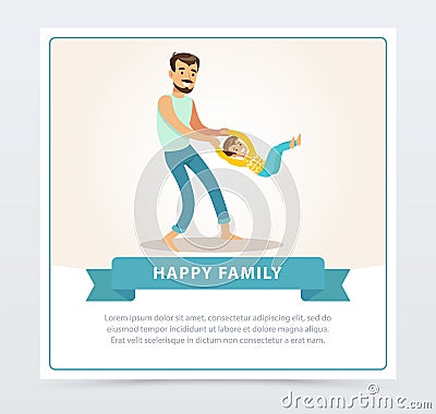 Father rotating his son, dad and son having fun together, happy family banner flat vector element for website or mobile Vector Illustration
